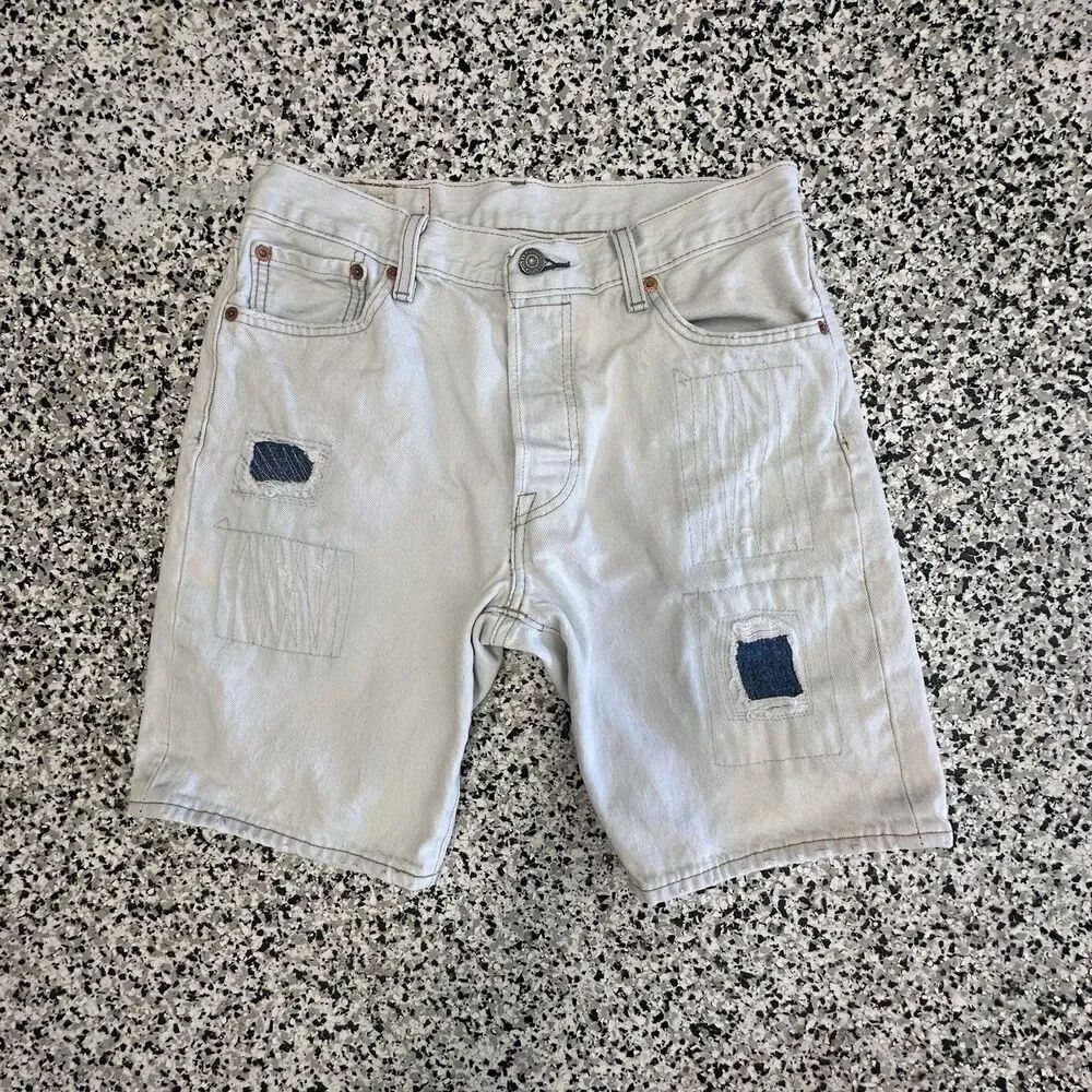 Levis 501 Premium Jorts Mens 30 Crafted Love White Denim Patchwork Shorts